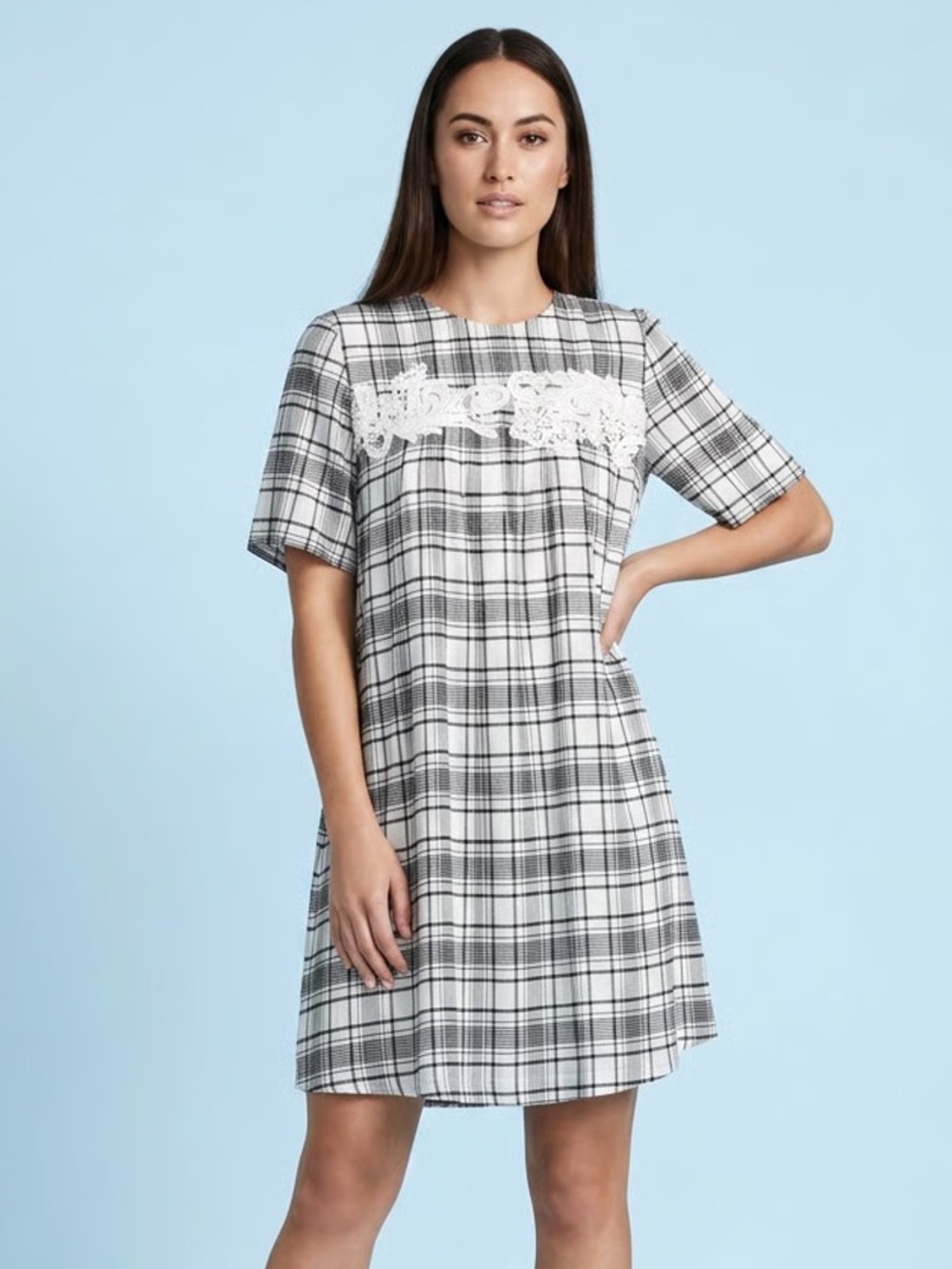 LOFT | Plaid Lace Applique Swing Dress Sz M